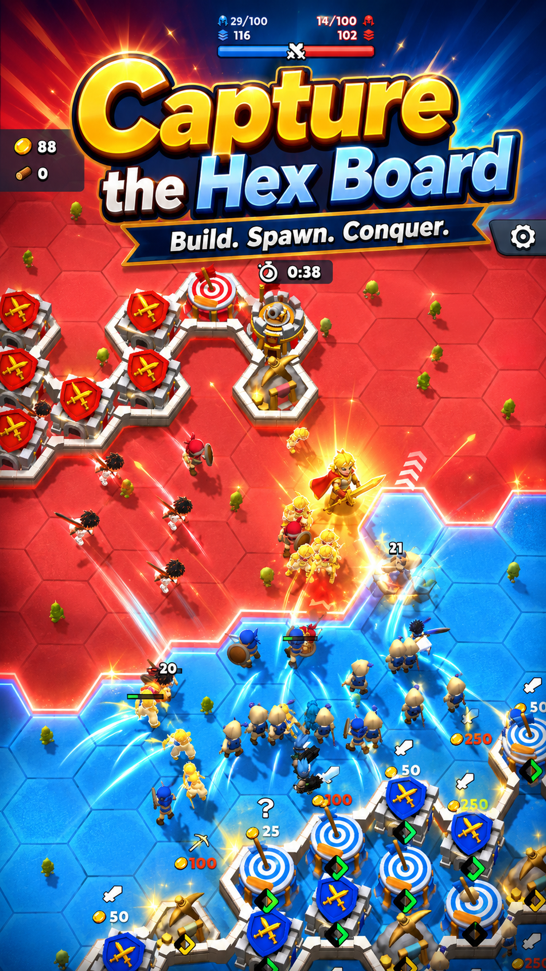 Harbor Rush battle showing the red and blue territory front line