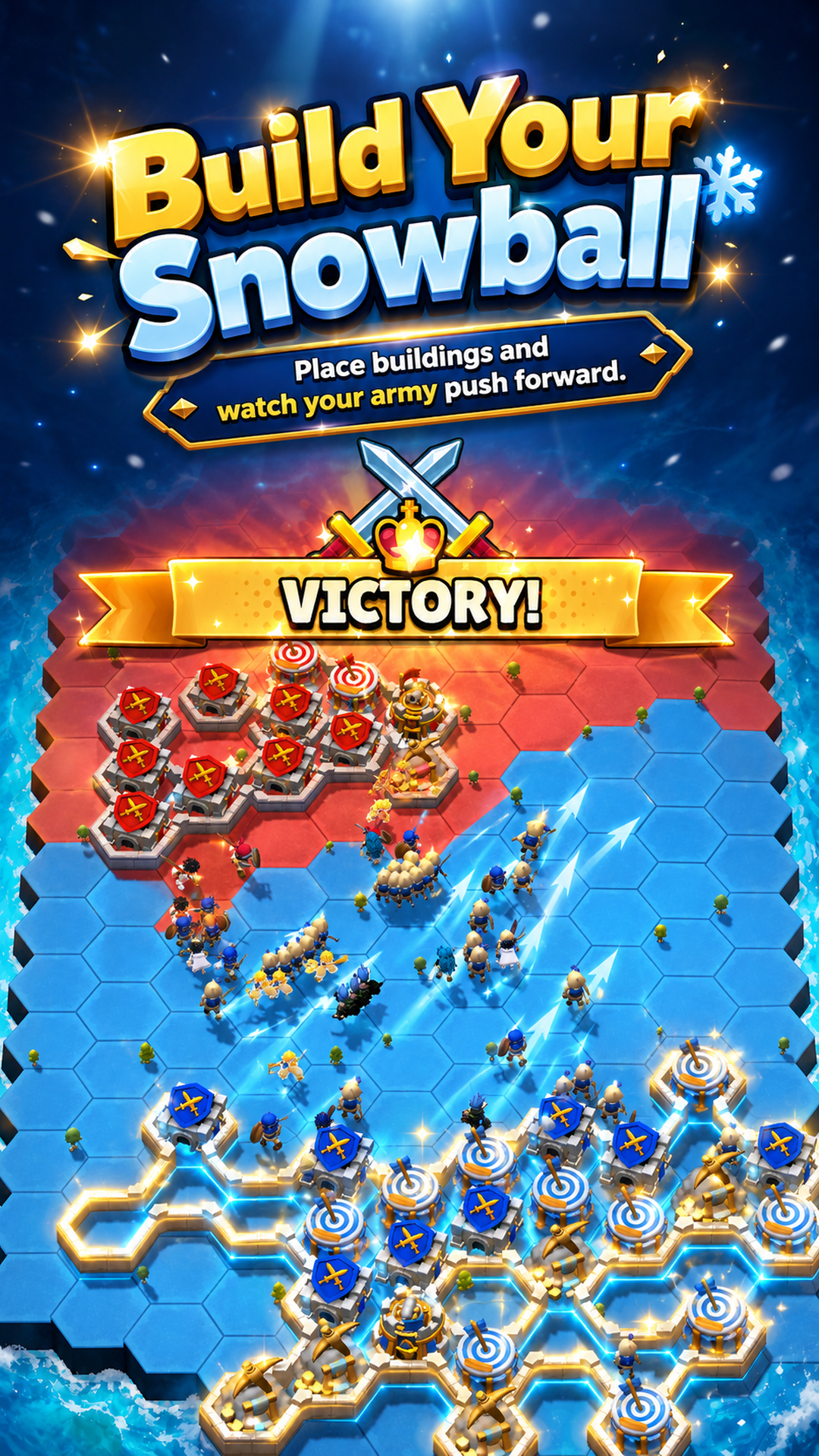 Harbor Rush victory scene with connected blue buildings